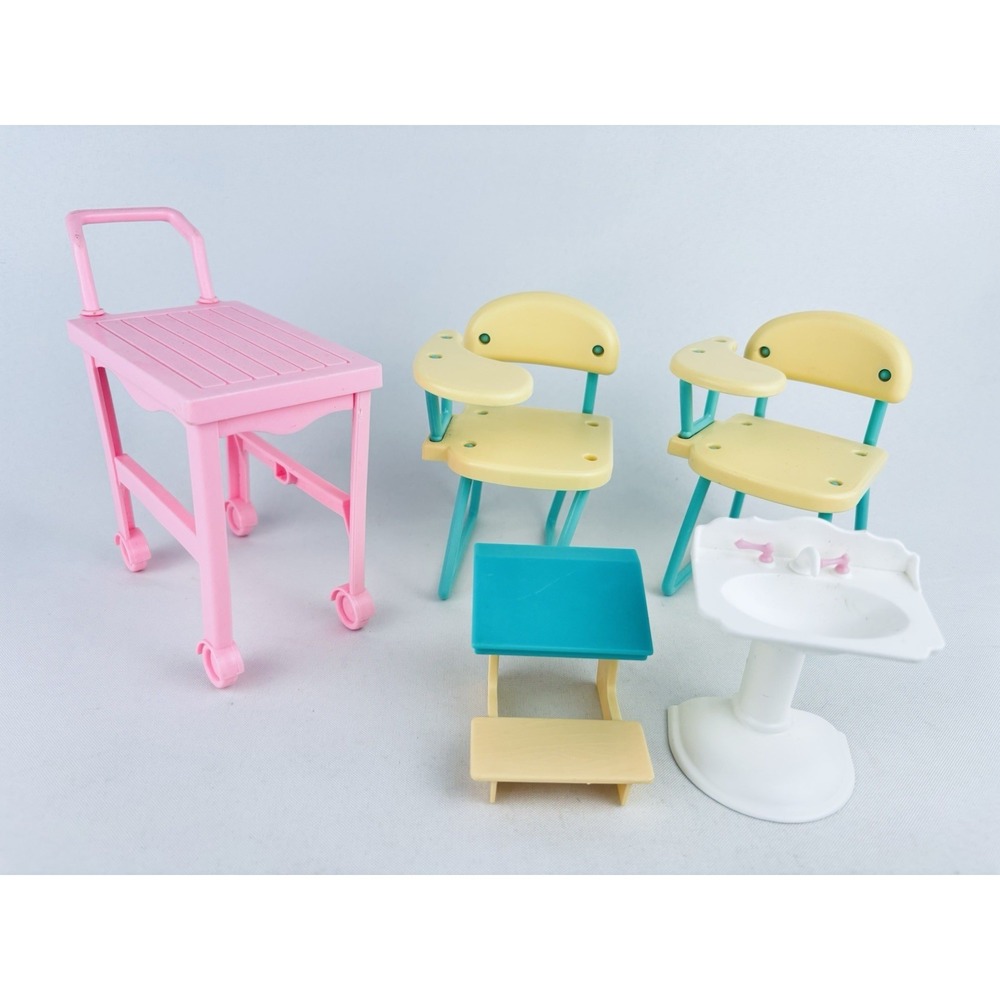 Vintage Barbie Kelly Furniture Lot -‎  Desk Chairs , Cart, Desk, Bathroom Sink